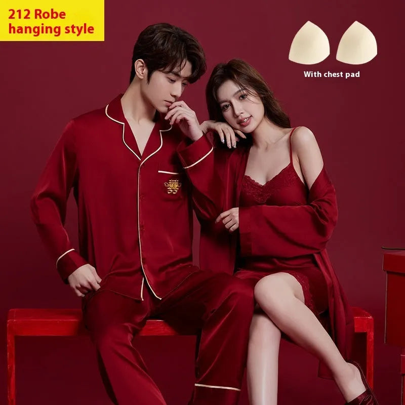 Red ice silk wedding dowry suit set with matching men's and women's sleepwear, long sleeves and trousers