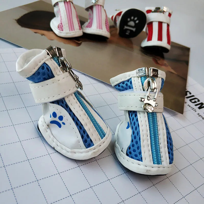 Set of four pairs of blue cloth dog sneakers with a side zipper for small breeds.