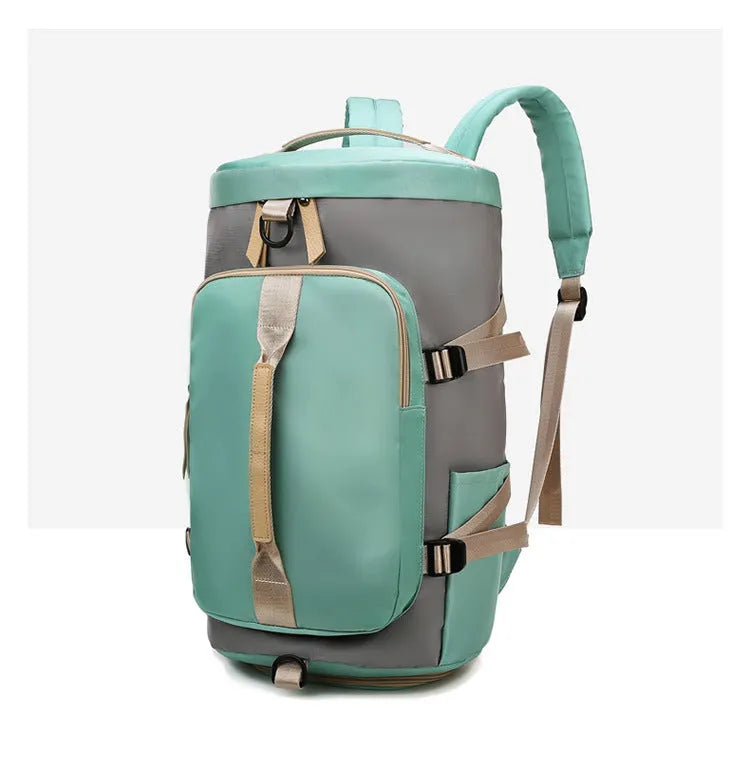 Waterproof nylon gym backpack with combination lock showing shoe compartment and multiple pockets