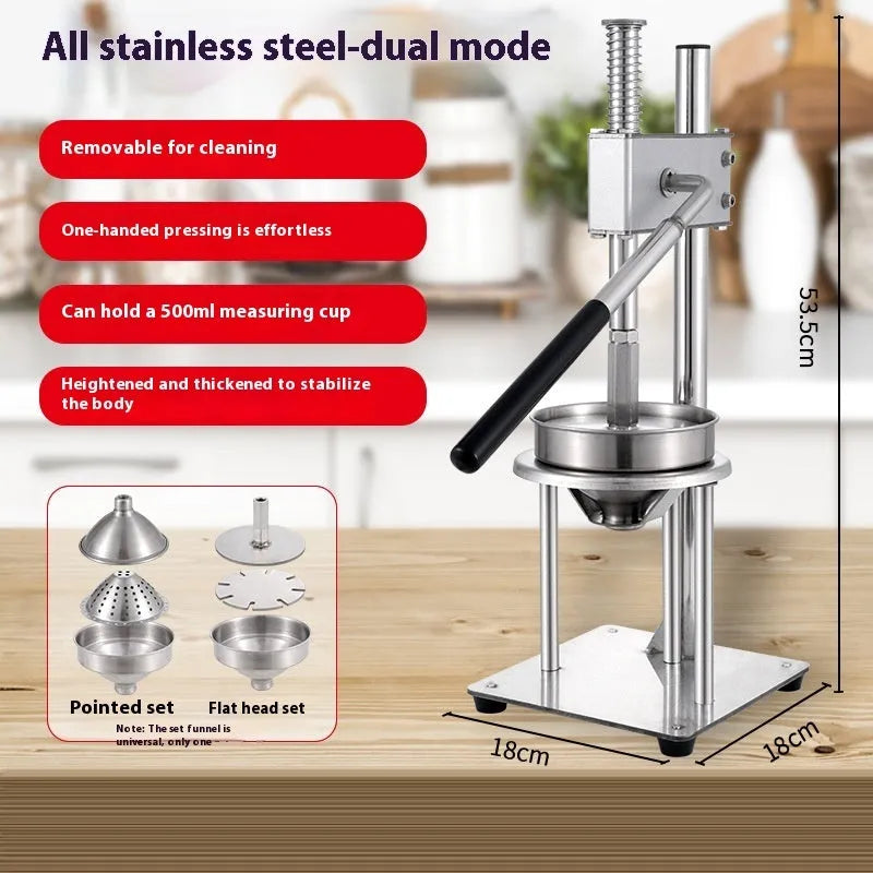 Manual stainless steel and nylon orange juicer with 480cm size on a kitchen counter.
