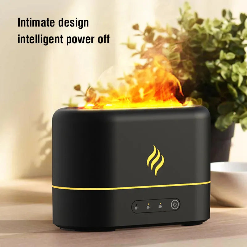 Seven-colour flame effect humidifier with black plastic housing showing mist outlet and USB power connection