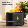 Seven-colour flame effect humidifier with black plastic housing showing mist outlet and USB power connection