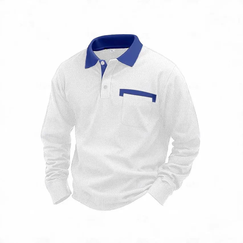 Man wearing a long-sleeved waffle-textured polo shirt in a loose fit with an asymmetric design detail.