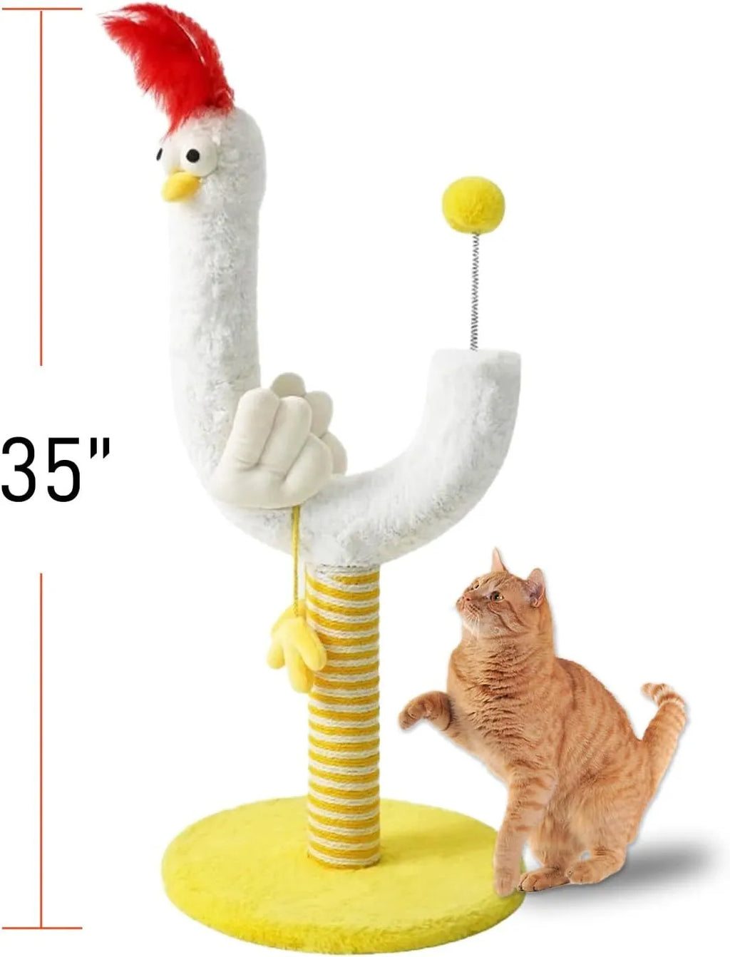 Yellow vertical cat scratching post with sisal wrapping and spring ball measuring 88cm tall
