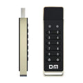 Metal USB flash drive with fingerprint sensor showing 64GB capacity and USB 3.0 connector