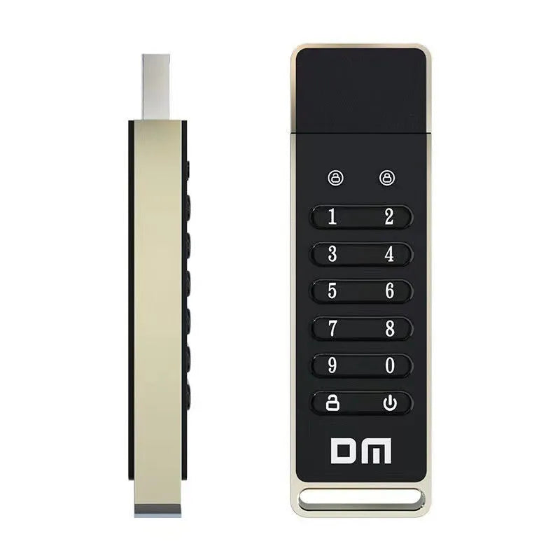Metal USB flash drive with fingerprint sensor showing 64GB capacity and USB 3.0 connector