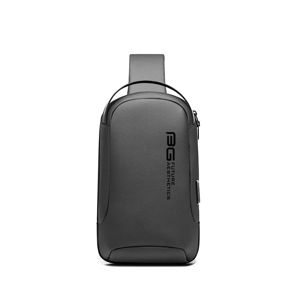 Men's black casual shoulder bag with USB port and Oxford cloth material for business travel.