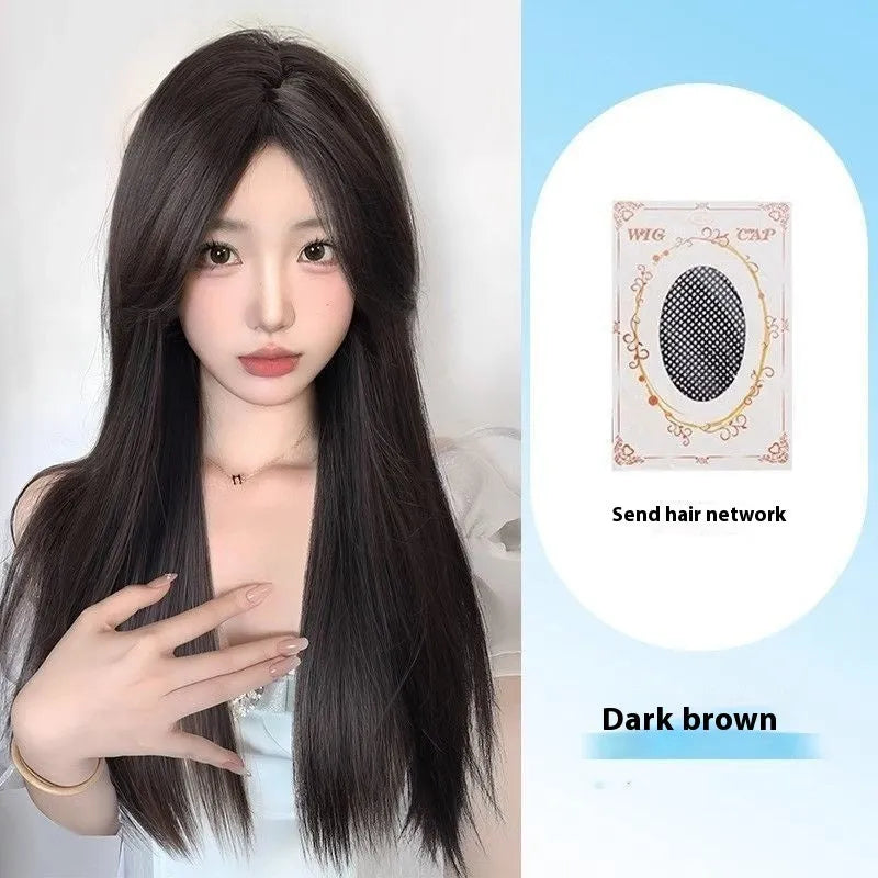Forehead lace long straight black wig with side bangs in high temperature fibre material