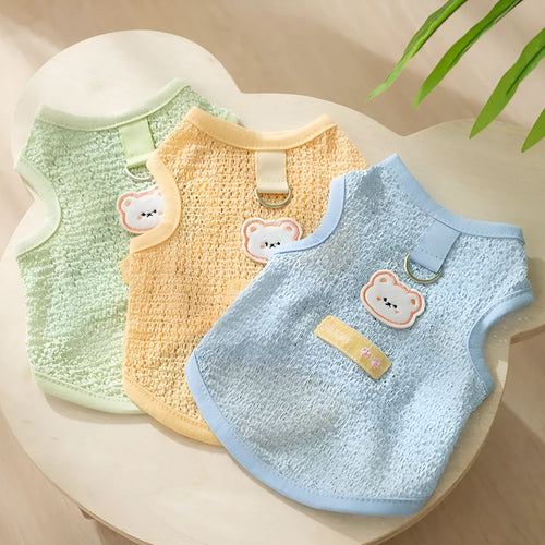 Cartoon bear patch cat clothes in knitted fabric with breathable hollowed-out design