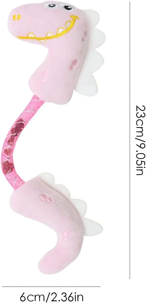 Four different cat chew toys including rope, spring, and plush kicker types in pink, purple, or yellow colours