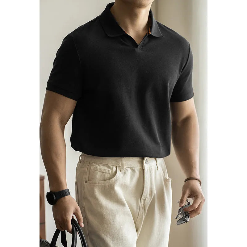 Blue short-sleeved cotton blend polo shirt for men on a hanger, showing regular fit and button placket.