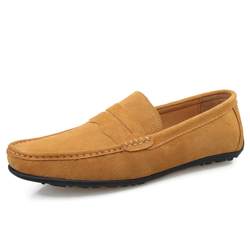 Men's suede leather slip-on loafers in various colours with a flat rubber sole and round toe