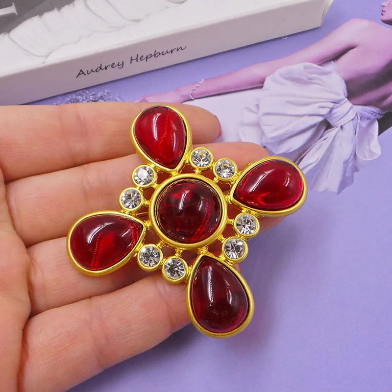 Vintage medieval baroque cross brooch with crystal accents in zinc alloy