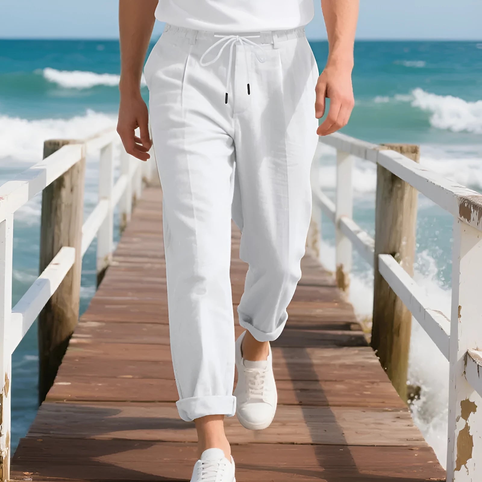 Men's straight leg linen trousers with drawstring waist in light khaki colour