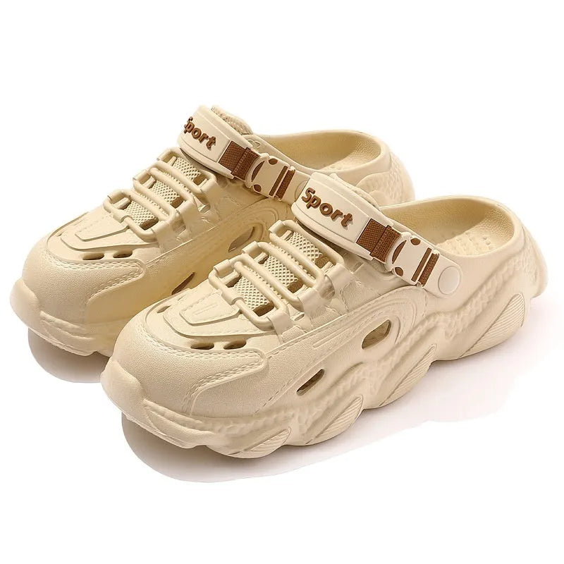 Men's khaki summer outdoor slippers with hollow-out breathable design and non-slip EVA sole
