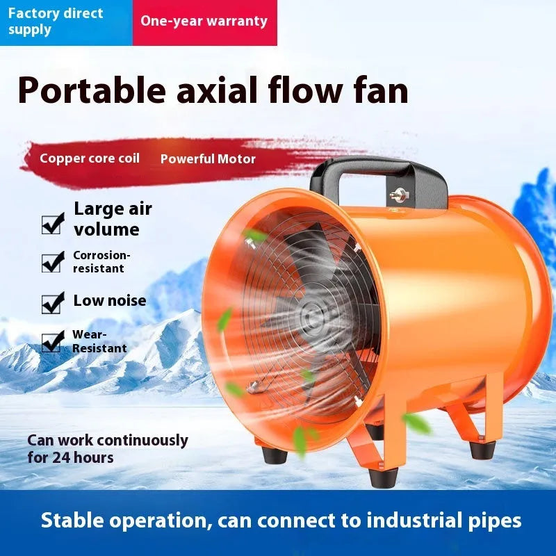 Industrial axial flow ventilation fan with titanium steel blades and flexible air duct for dust removal