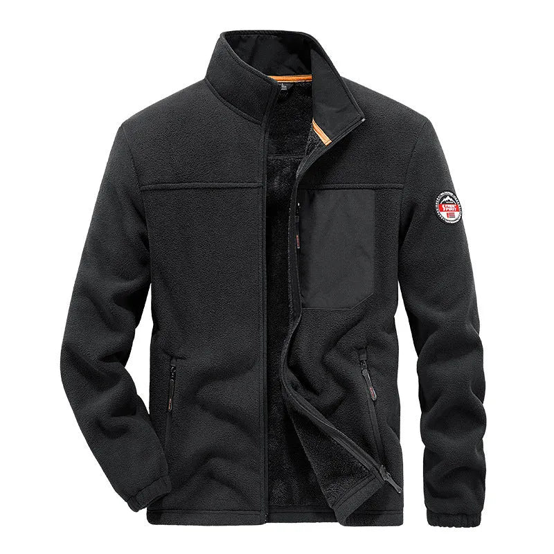 Men's grey fleece cardigan casual jacket with zipper pockets on a hanger.