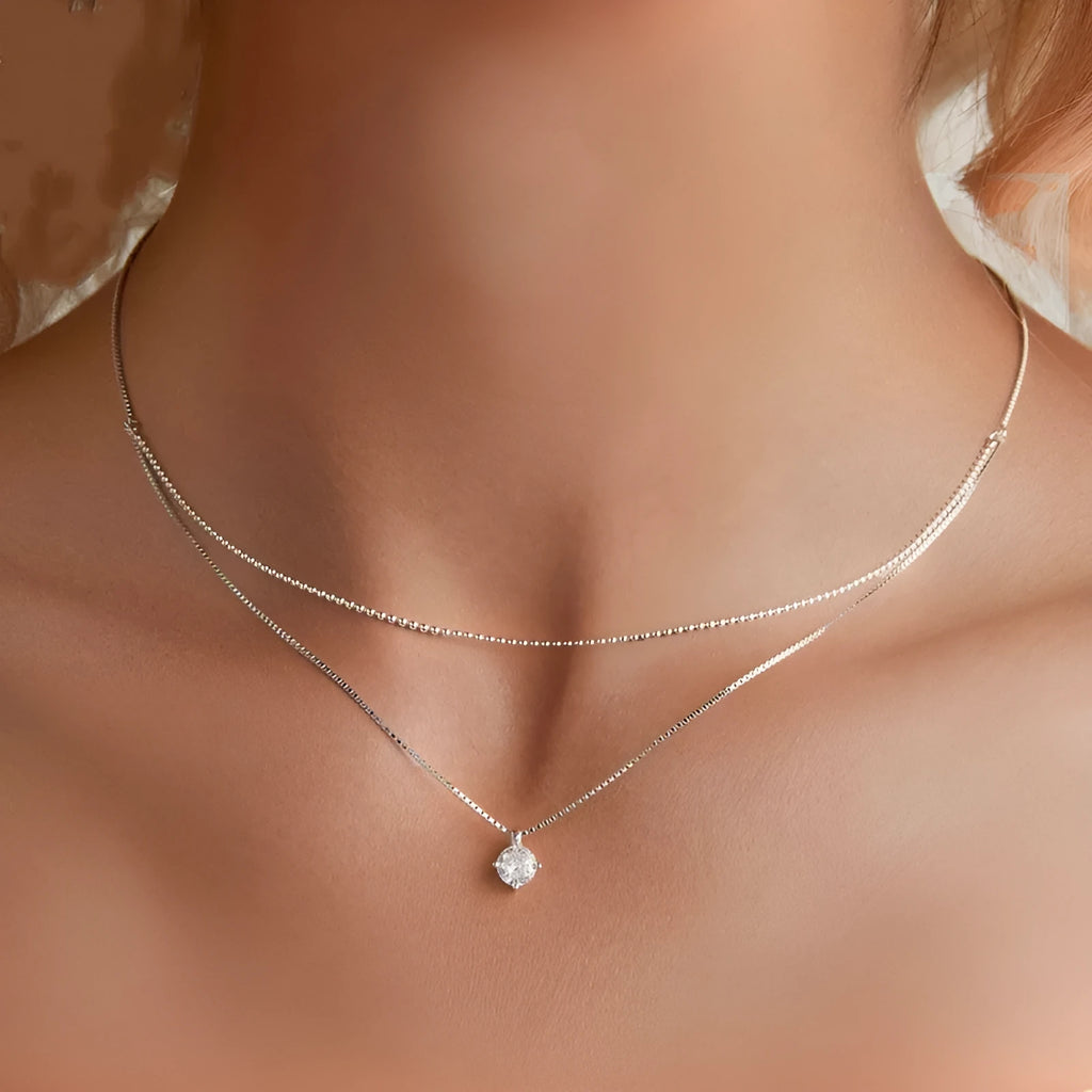 Silver colour double-layer necklace with pearl chain and pendant made from 925 sterling silver