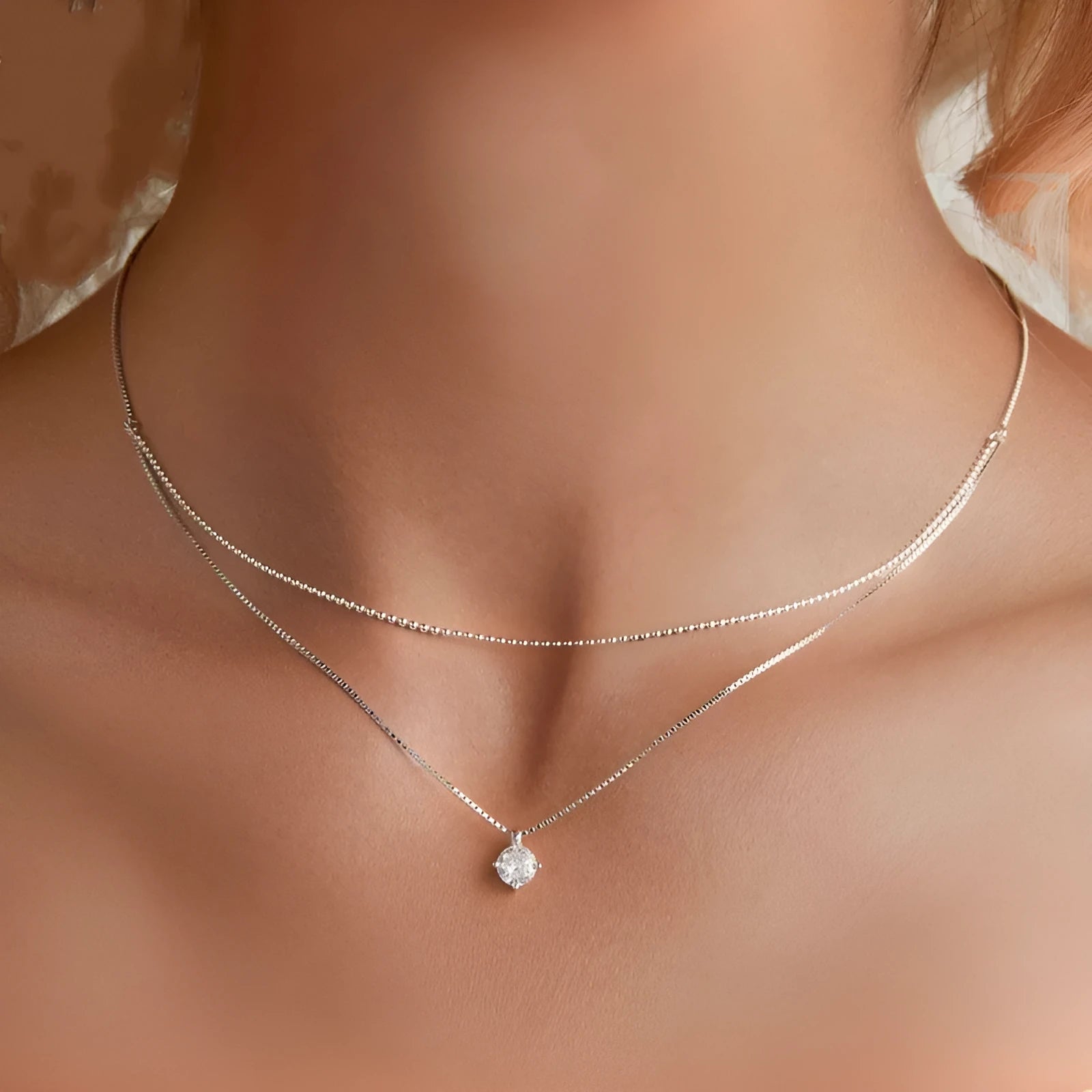 Silver colour double-layer necklace with pearl chain and pendant made from 925 sterling silver