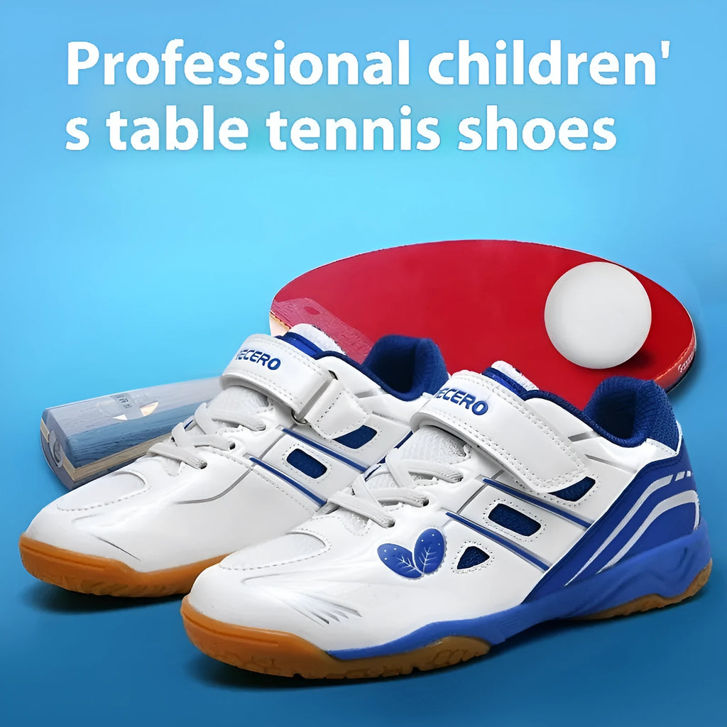 White and blue breathable badminton shoes with ribbed sole and round toe