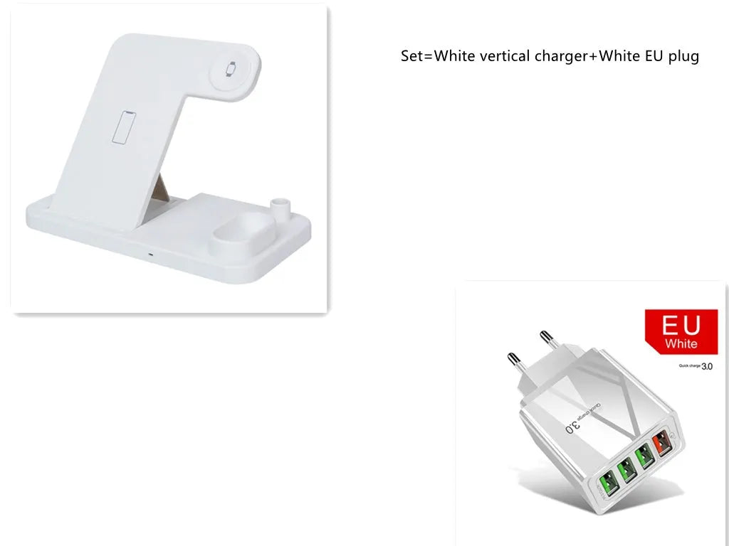 Black 4-in-1 wireless charging station showing phone, Apple Watch, AirPods, and Apple Pencil charging simultaneously.