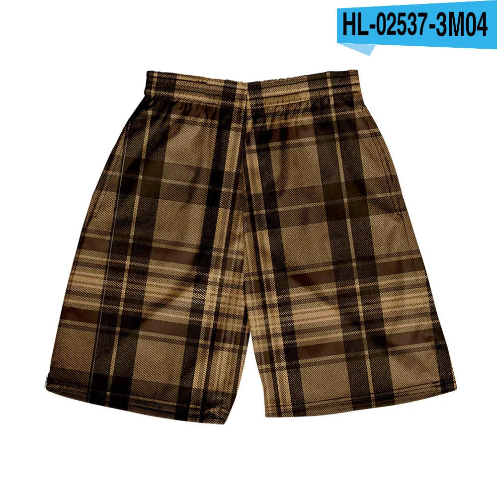 Men's polyester plaid shorts with elastic waistband in straight cut for casual wear