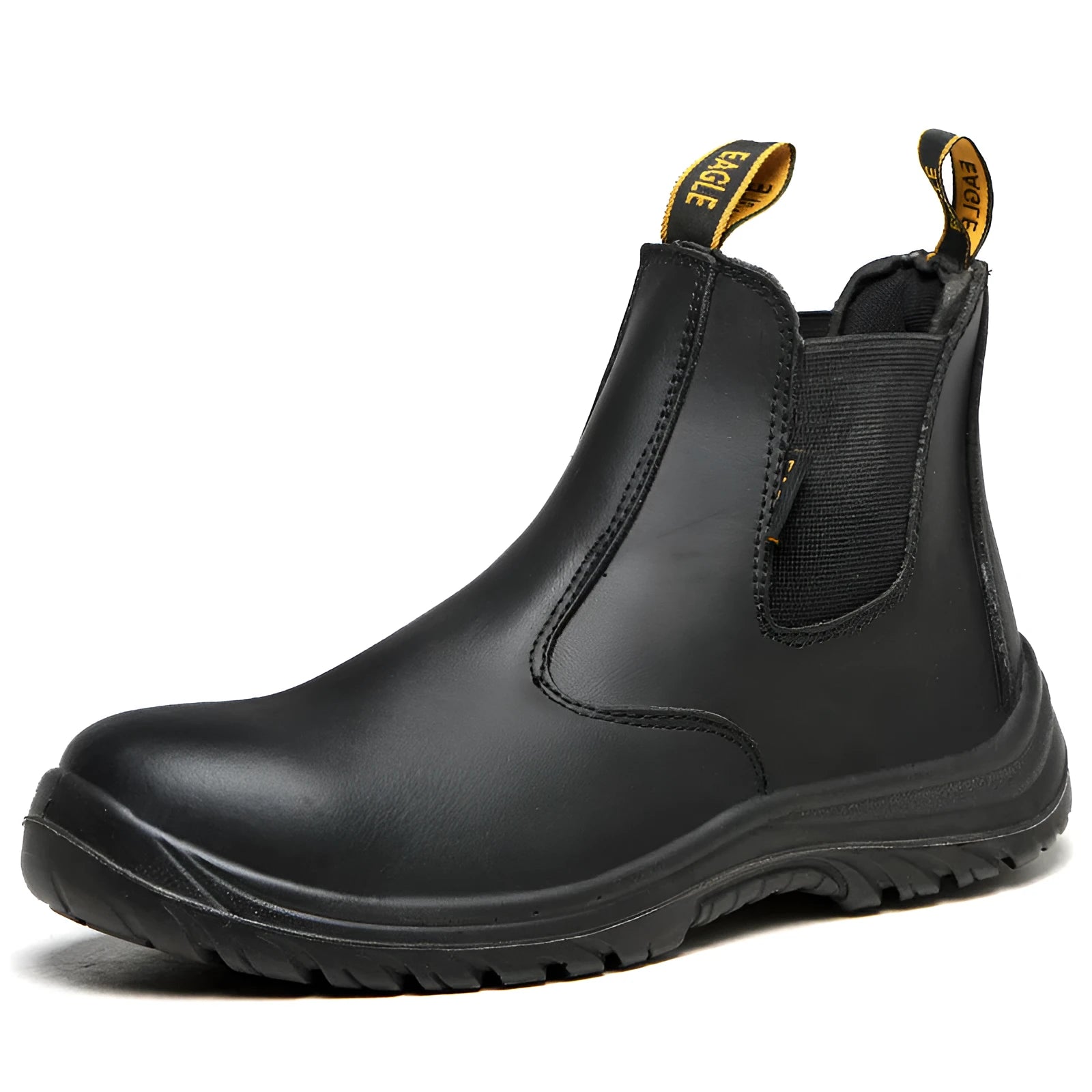 Black leather safety boots with steel toe caps and high-top design for industrial workplace protection