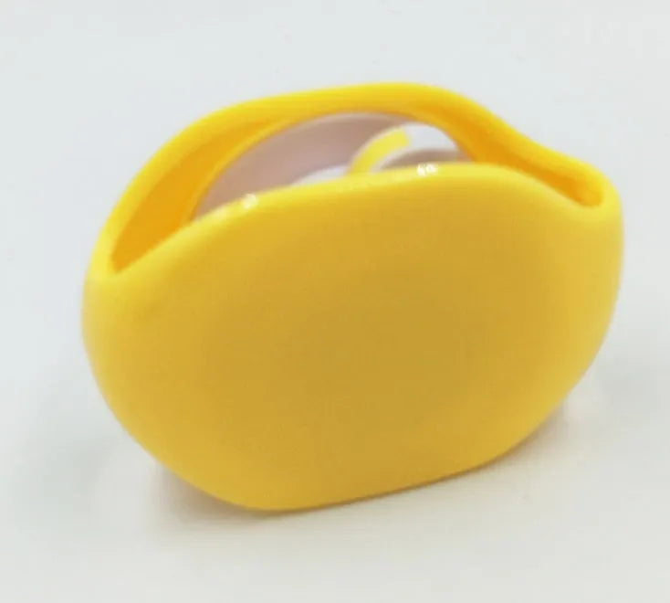 Automatic push-button earphone cable winder reel in assorted colours on a white background.