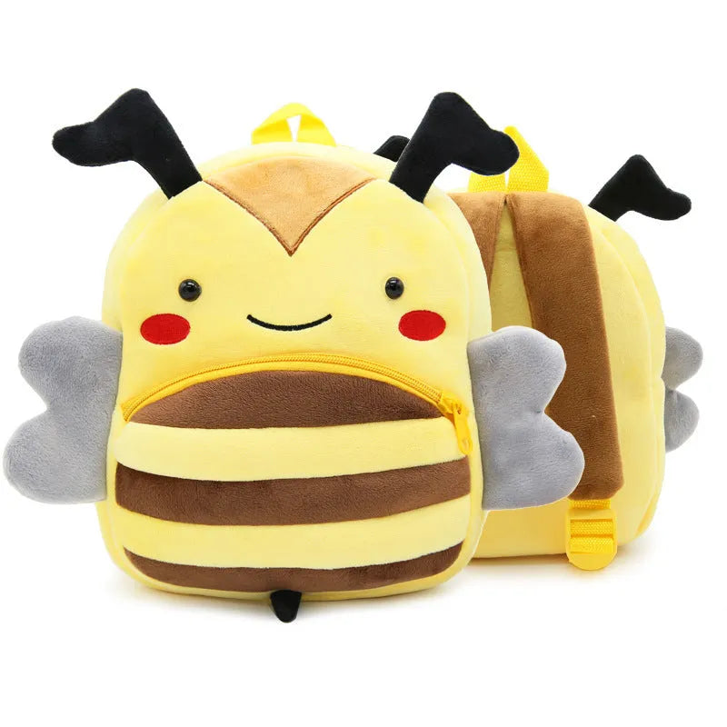 Soft plush children's backpack in cartoon animal design, shown with zipper open, dimensions 26cm by 24cm.