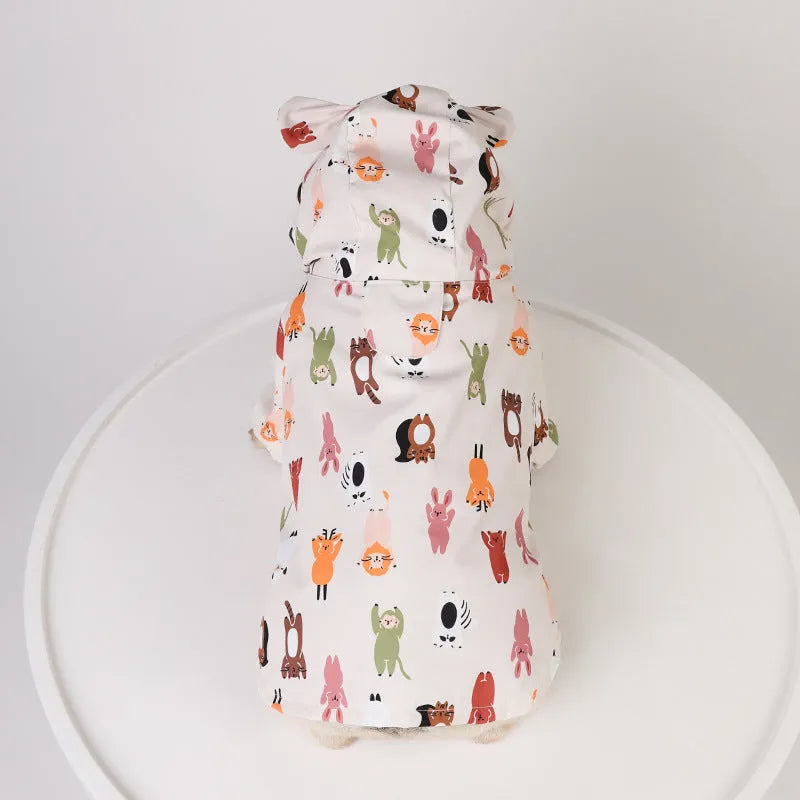 Beige cartoon pattern dog raincoat with double waterproof coating and PU material