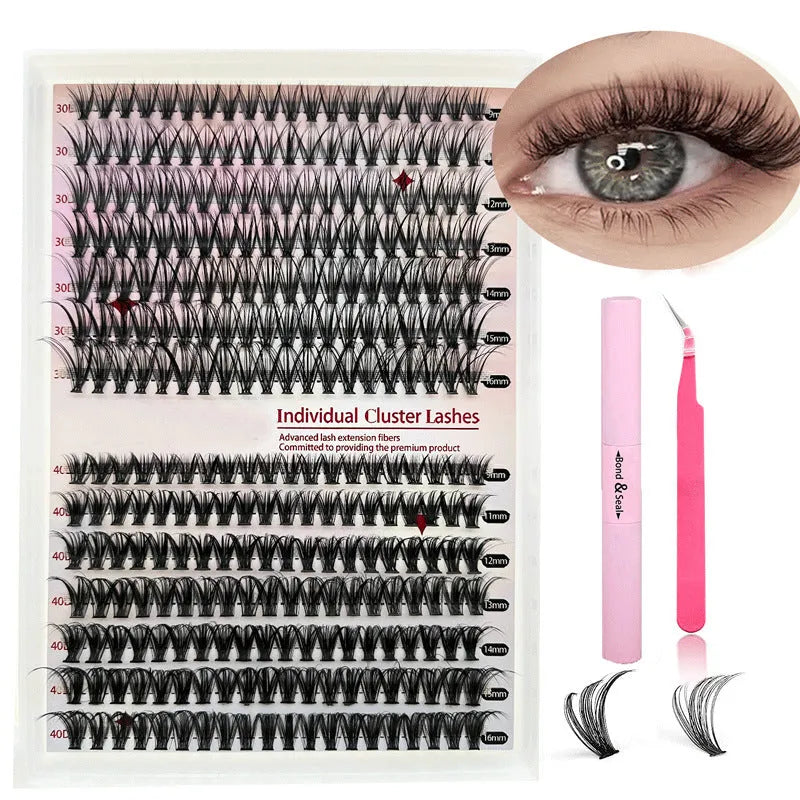 Mixed package of DIY cluster false eyelashes showing 30D and 40D densities with tweezers