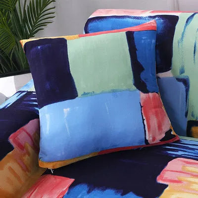 Printed stretch sofa cover with geometric pattern on three-seater sofa