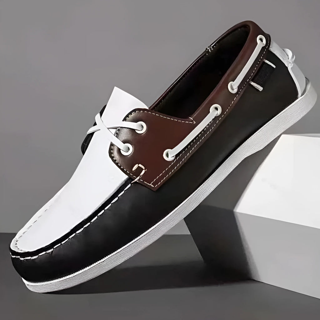 Men's British-style casual shoes with artificial PU uppers in black, white, blue brown, and black and white colour options.