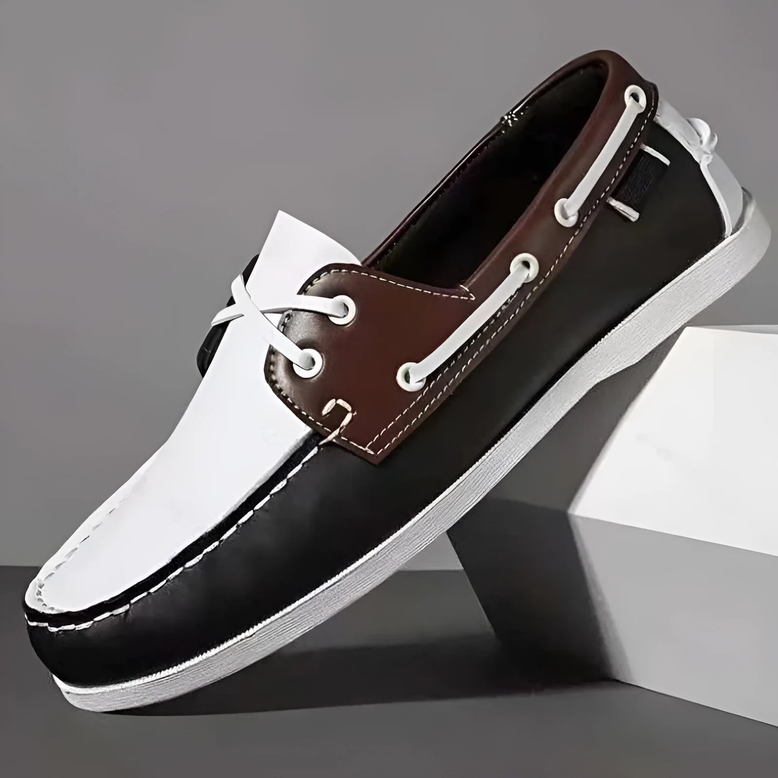 Men's British-style casual shoes with artificial PU uppers in black, white, blue brown, and black and white colour options.