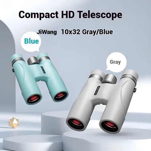 Blue and grey 10x32 binoculars with wine red film lenses on a dark background.