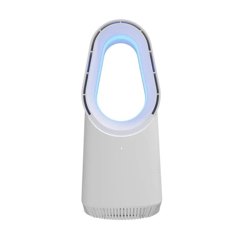 SK white bladeless tower fan with remote control on desktop