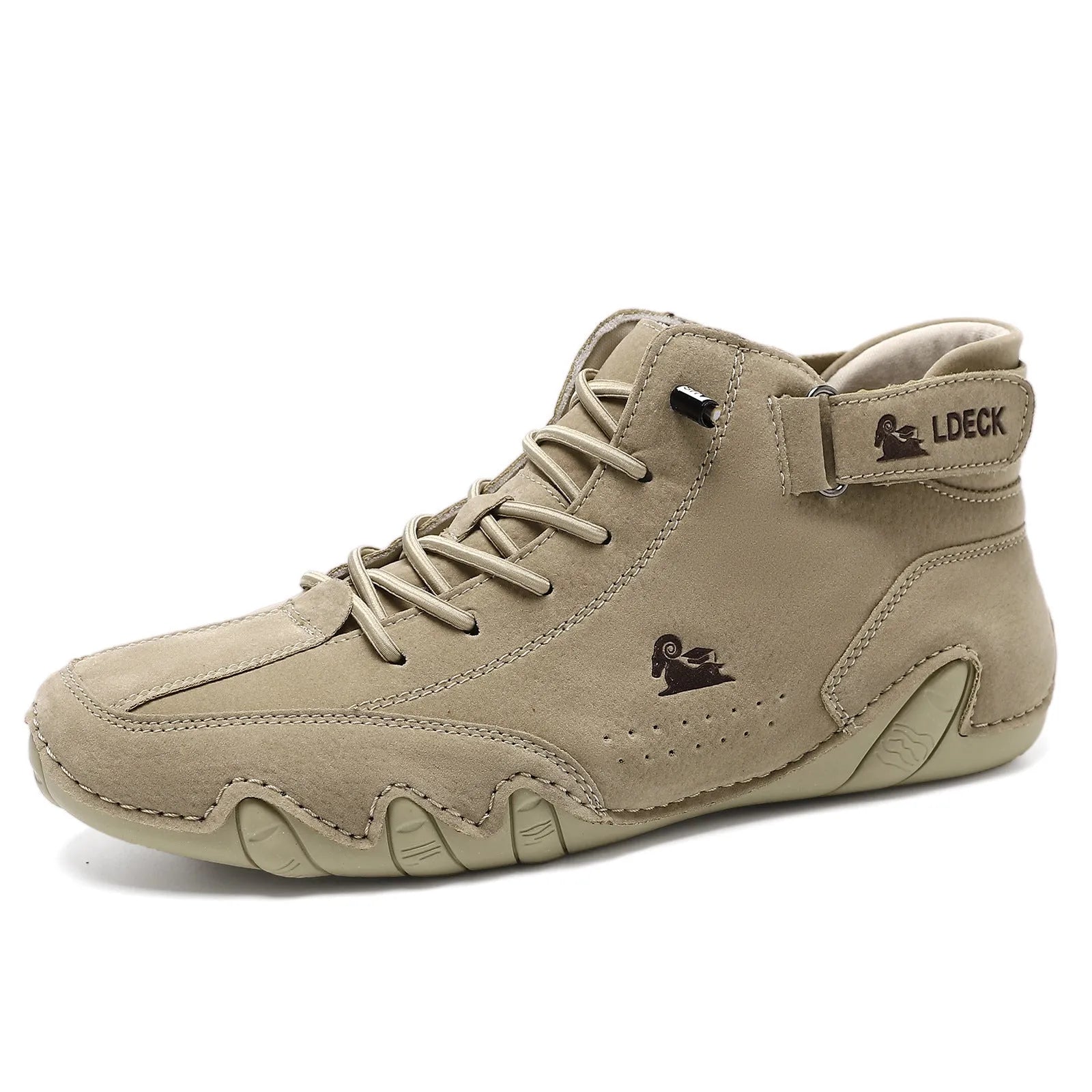 Men's khaki high-top octopus shoes with rubber sole and microfiber upper.