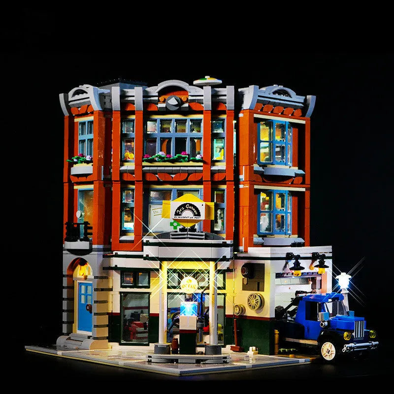 Plastic LED lighting kit components for a MOC model corner repair shop diorama.
