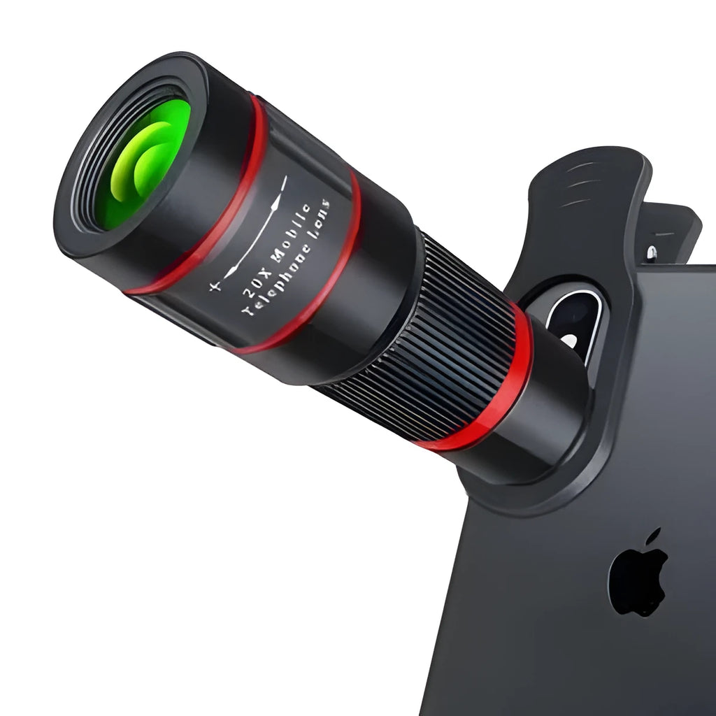 20x magnification mobile phone telescope lens with universal clip and single eyepiece on a smartphone.