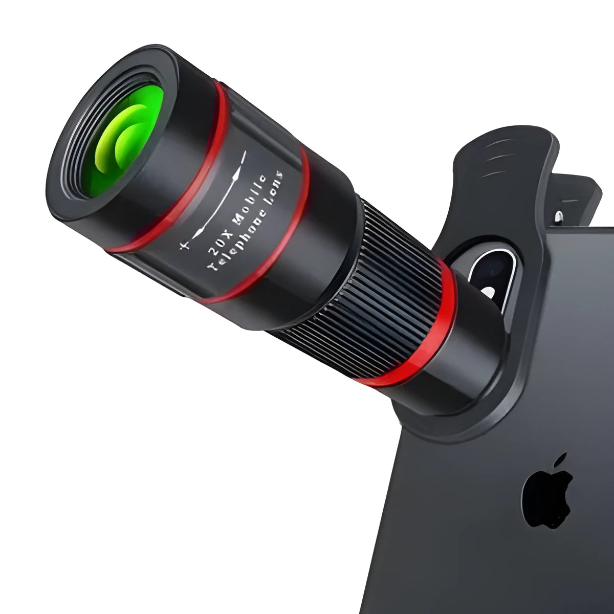 20x magnification mobile phone telescope lens with universal clip and single eyepiece on a smartphone.