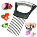 Stainless steel onion holder slicer with ABS handle on a kitchen worktop