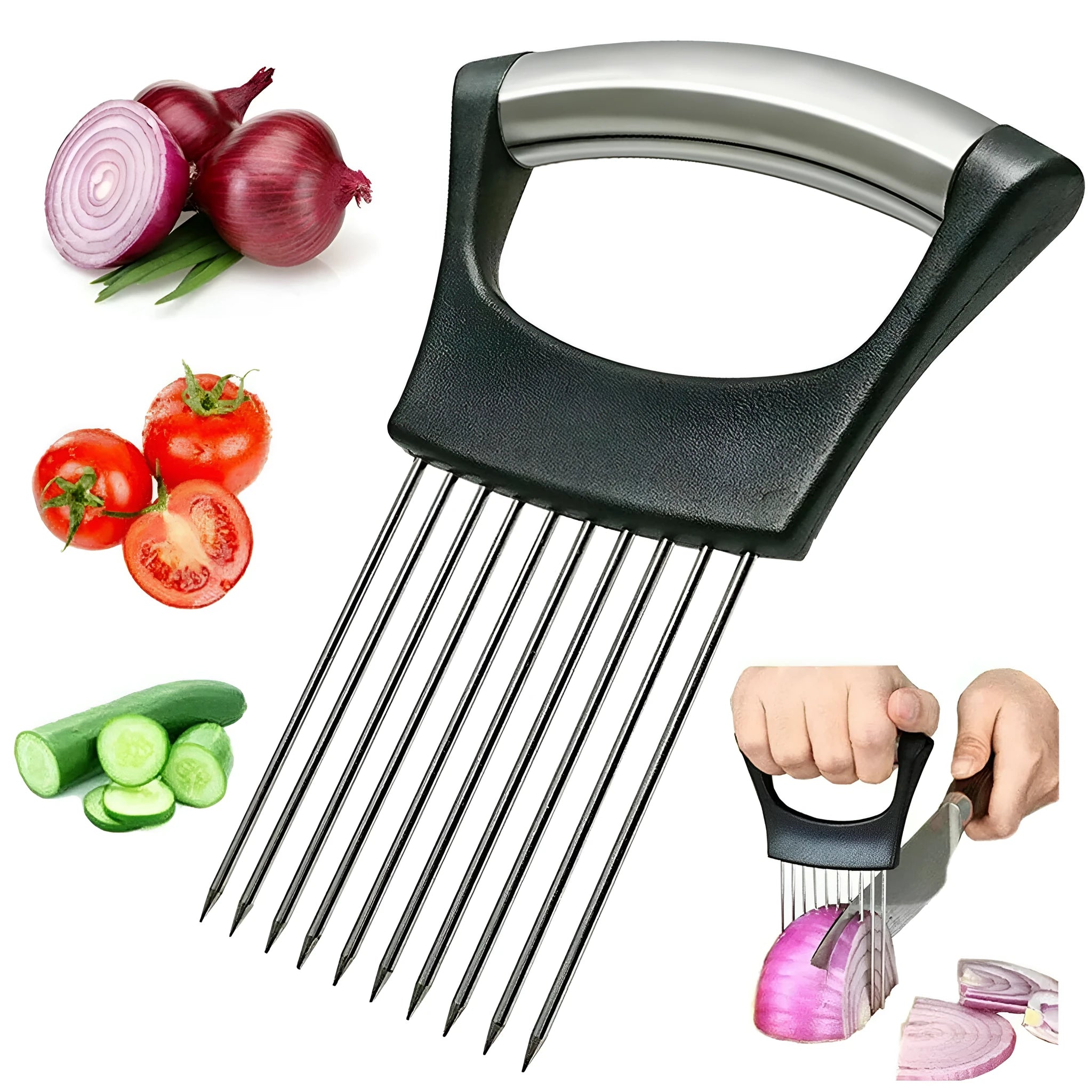 Stainless steel onion holder slicer with ABS handle on a kitchen worktop