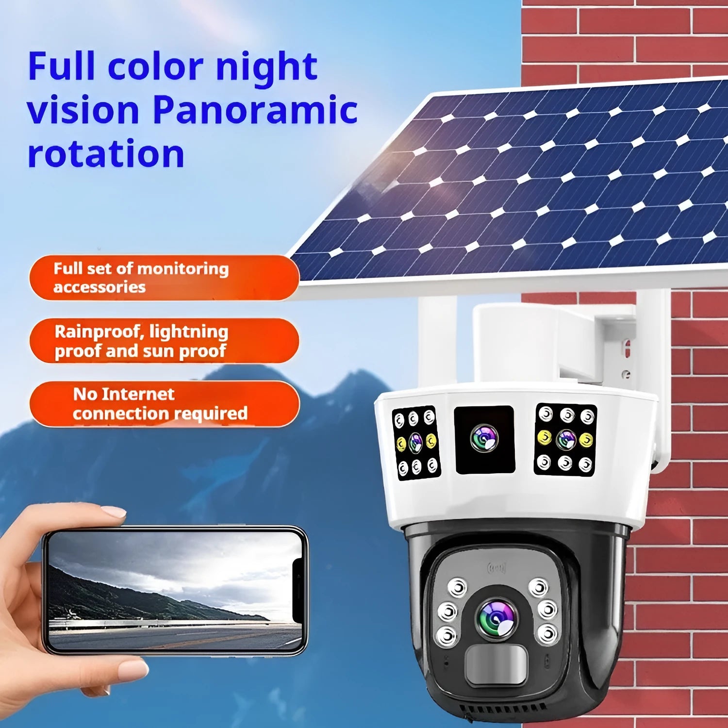 Solar binocular three-screen surveillance camera with solar panel and dual connectivity options