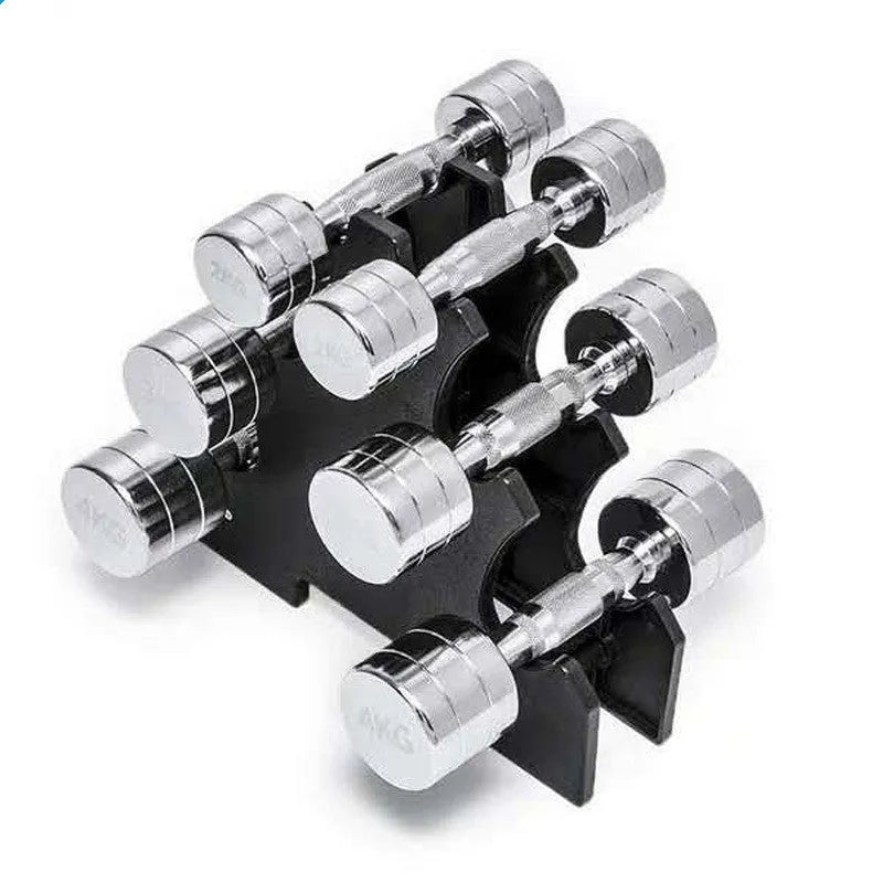 Silver pure steel dumbbell with hexagonal grip on a grey background.