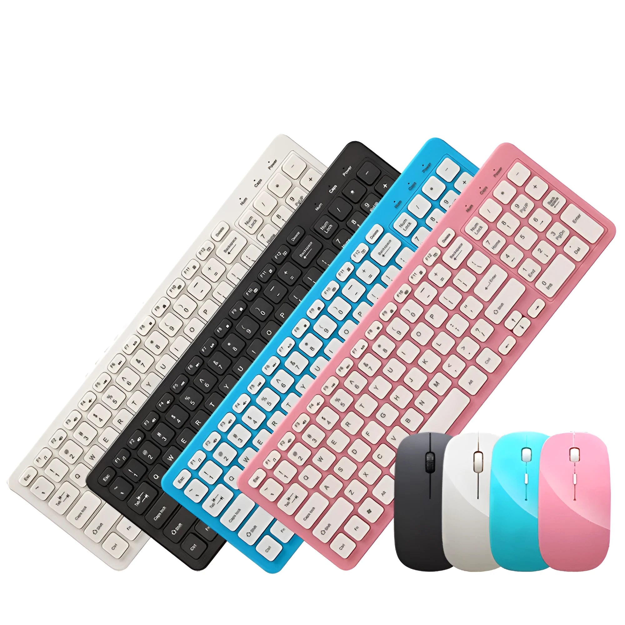 Wireless keyboard and mouse set in multiple colour options showing compact design and USB receiver