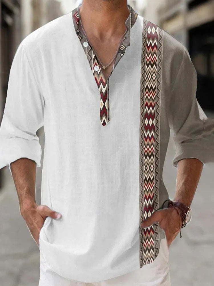 Thin casual Hawaiian-style shirt with digital bamboo linen stripes and long sleeves