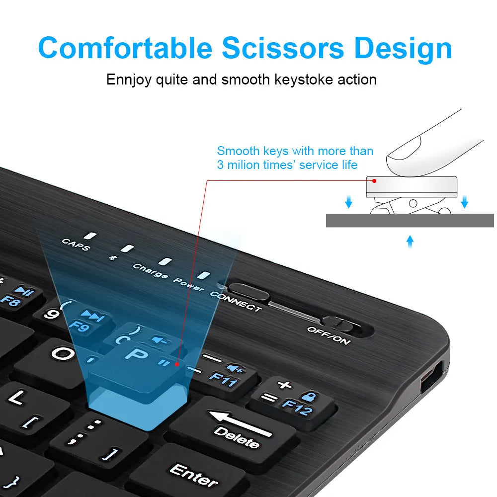 Black mini Bluetooth wireless keyboard next to 10-inch tablet showing wireless connection