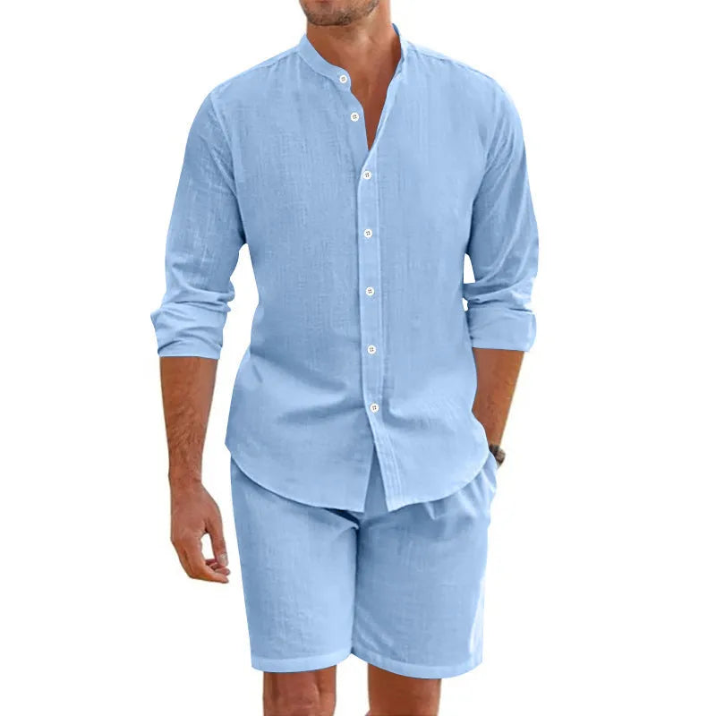 Men's dark grey linen blend short sleeve shirt and drawstring shorts casual summer suit set