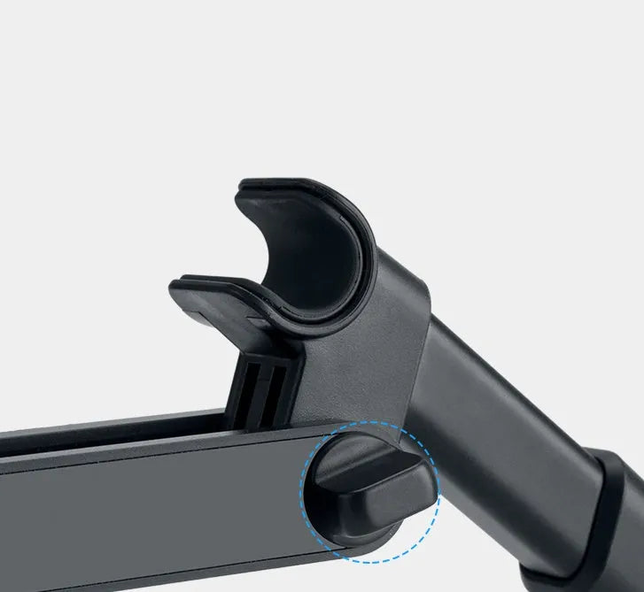 Black car phone holder mounted on vehicle rear seat base with tablet device secured in place
