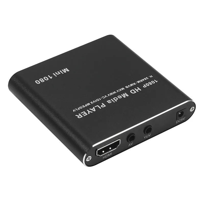 Blue 1080p HDMI media player with USB and SD card slots on compact all-metal chassis
